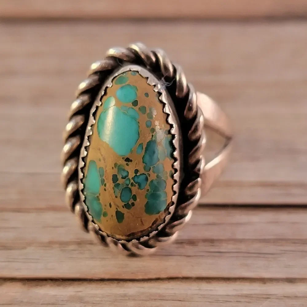 Vintage Sterling Royston Turquoise Cable Bezel Set Ring